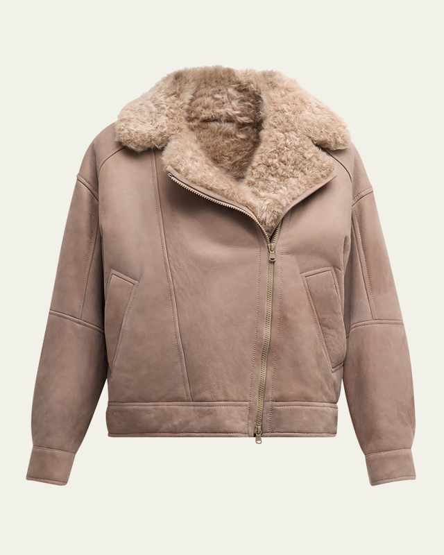 Bonded Suede With Shearling Oversized Moto Jacket